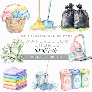 Watercolor Chores Clipart, Cleaning Supplies Art, Laundry Illustration, Household Planner Clipart, Instant Download