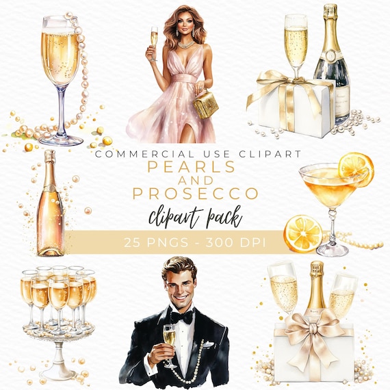 Pearls Prosecco Clipart, Watercolor Champagne Art, Bridal Shower Clipart, Celebration Graphics, Champagne PNG, Instant Download