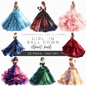 Mädchen im Ballkleid Clipart, elegantes Kleid Illustration, Märchen Kunst, Abschlussballkleid PNG, Prinzessin Grafiken, Sofort Download