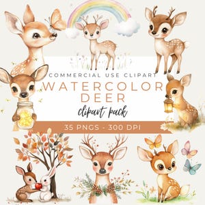 Aquarel herten clipartpakket, schattige fawn illustraties, bos dierenkunst, bos herten graphics, 35 png-bestanden, commercieel gebruik