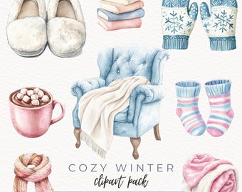 May include: A watercolor illustration set of cozy winter elements, including a blue armchair with a white blanket, a pair of fuzzy slippers, a mug of hot chocolate with marshmallows, a stack of books, a pair of blue mittens, a pair of pink socks, a pink scarf, and a pink throw blanket. The text "Cozy Winter clipart pack 25 PNGs - 300 DPI" is at the bottom of the image.