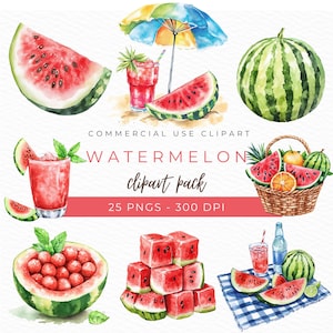 Clipart de sandía, PNG de acuarela, Arte de rebanada de sandía, Ilustración de fruta linda, Gráficos de picnic de verano, Decoración tropical, Descarga instantánea
