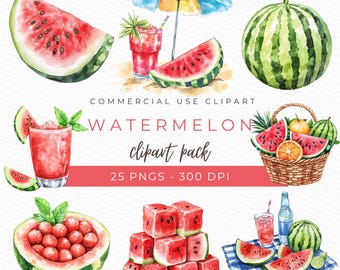 Clipart aquarel watermeloen: zomerfruit png-afbeeldingen (digitale download)
