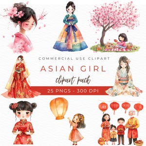 Asian Girl Clipart, Watercolor PNG, Japanese Art, Geisha Illustration, Kawaii Graphics, Chibi Girl Design, Anime Sticker, Instant Download