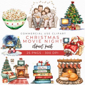 クリスマス映画ナイトのクリップアート、ホリデー映画アート、お祭りのポップコーンのイラスト、心地よい冬のグラフィック、すぐにダウンロードできます