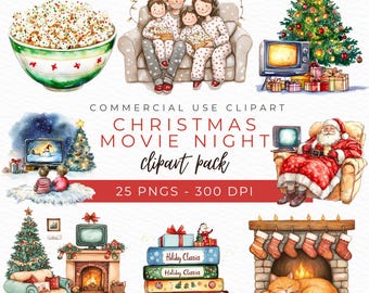 Christmas Movie Night Clipart, Holiday Movie Art, Festive Popcorn Illustration, Cozy Winter Graphics, Instant Download