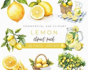 Clipart citron, aquarelle PNG, illustration d'agrumes, art des tranches de citron, décoration tropicale, graphiques botaniques, téléchargement immédiat
