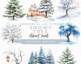 May include: A set of 25 watercolor illustrations of snowy trees, including a house with lights, a tree with icicles, and a bare tree with a lantern. The illustrations are perfect for adding a wintery touch to your designs.  COMMERCIAL USE CLIPART SNOWY TREE clipart pack 25 PNGS - 300 DPI