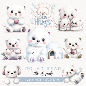 Polar Bear Clipart, Baby Polar Bear PNG, Winter Animal Art, Christmas Bear Illustration, Arctic Wildlife, Instant Download