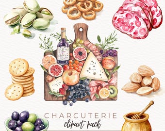 Clipart di salumi, PNG di taglieri di salumi, Arte di taglieri di formaggi, Illustrazione di cibo ad acquerello, Clipart di vino e formaggio, Adesivo per brunch culinario
