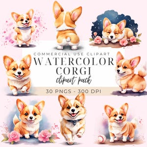 Aquarel kawaii corgi clipart set schattige corgi kont grappige honden digitale clipart benodigdheden vectorafbeelding puppy printables dierlijke illustratie