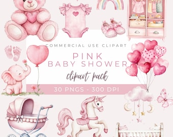 Pink Watercolor Baby Shower Clipart - Cute Bunny and Teddy Bear Designs - Digital Download for Nursery Decor