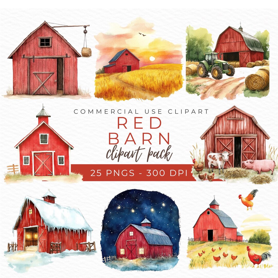 Red Barn Clipart, Watercolor PNG, Rustic Farm Illustration, Vintage ...