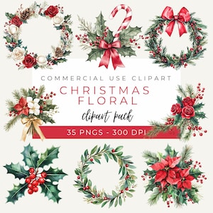 Christmas Floral Clipart, Watercolor Christmas Art, Holiday Floral PNG, Winter Flowers Clipart, Poinsettia Illustration, Instant Download