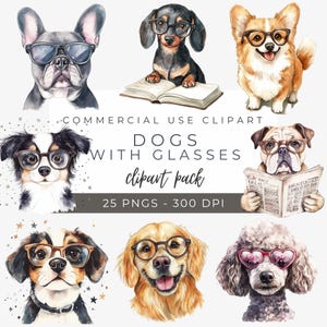 Può includere: Un pacchetto di clipart digitale di 25 illustrazioni ad acquerello di cani con gli occhiali. I cani sono di razze diverse e hanno espressioni diverse. Il clipart è perfetto per uso commerciale ed è di 300 DPI.