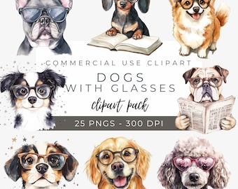 Imágenes prediseñadas de perros con gafas, arte divertido de perros, descarga instantánea, gráficos PNG de alta resolución, imágenes prediseñadas de acuarela