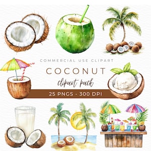 Clipart noix de coco, aquarelle PNG, Illustration d'arbre tropical, art de la boisson à la noix de coco, graphique de plage d'été, conception d'impression de noix de coco, téléchargement immédiat