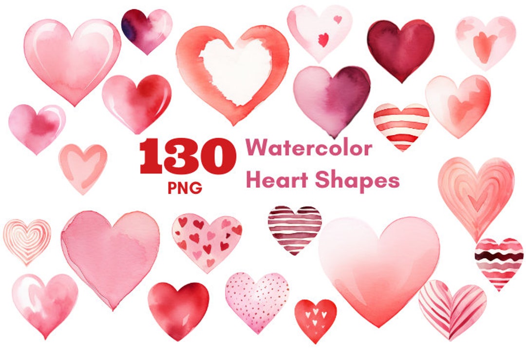 Watercolor Heart Clipart: 130 Pink Heart PNG Bundle (instant Download ...