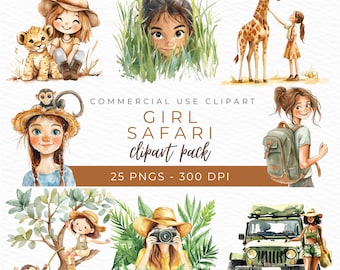 Girl Safari Clipart: Watercolor Jungle Animals, Pink Birthday Decor (Instant Download PNGs)