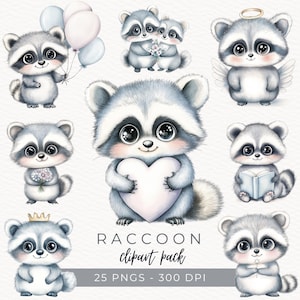 Cute Raccoon Clipart, Woodland Animal Art, Watercolor Raccoon Illustration, Nursery Decor, Baby Animal PNG, Instant Download