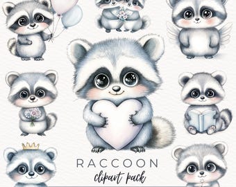 Cute Raccoon Clipart, Woodland Animal Art, Watercolor Raccoon Illustration, Nursery Decor, Baby Animal PNG, Instant Download