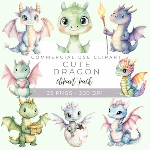 Cute Dragon Clipart, Baby Dragon Art, Kawaii Dragon PNG, Watercolor Fantasy Dragon Illustration, Cartoon Dragon Stickers, Instant Download