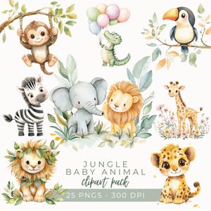 Clipart animaux de la jungle bébé, art de la chambre de bébé Safari, aquarelle animaux de la jungle, mignon bébé animal PNG, clipart chambre d'enfant, téléchargement immédiat
