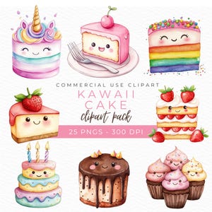 Kawaii taart clipart, aquarel png, schattig dessert illustratie, zoete lekkernijen kunst, bakkerij graphics, pastel food design, instant download