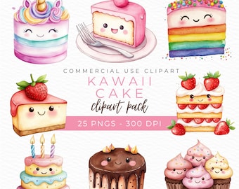 Kawaii Cake Clipart, Watercolor PNG, Cute Dessert Illustration, Sweet Treats Art, Bakery Graphics, Pastel Food Design, Instant Download
