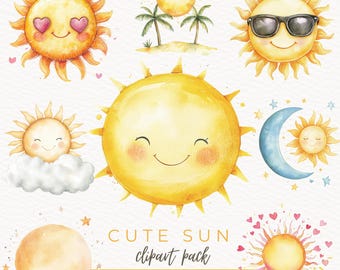 May include: A set of 25 watercolor clipart images of cute suns in various poses, including a sun with sunglasses, a sun with hearts, a sun with a cloud, and a sun with a crescent moon. The clipart is perfect for adding a touch of sunshine to your designs.