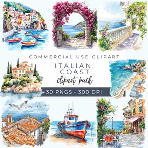 Italian Coast Clipart, Amalfi Coast Art, Watercolor Mediterranean Illustration, Italian Landscape, Vacation Clipart, Instant Download