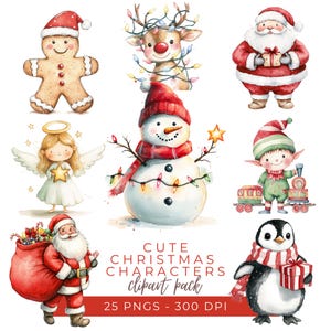 Cute Christmas Character Clipart, Holiday PNG, Christmas Graphics, Winter Art, Watercolor Christmas, Snowman Clipart, Instant Download