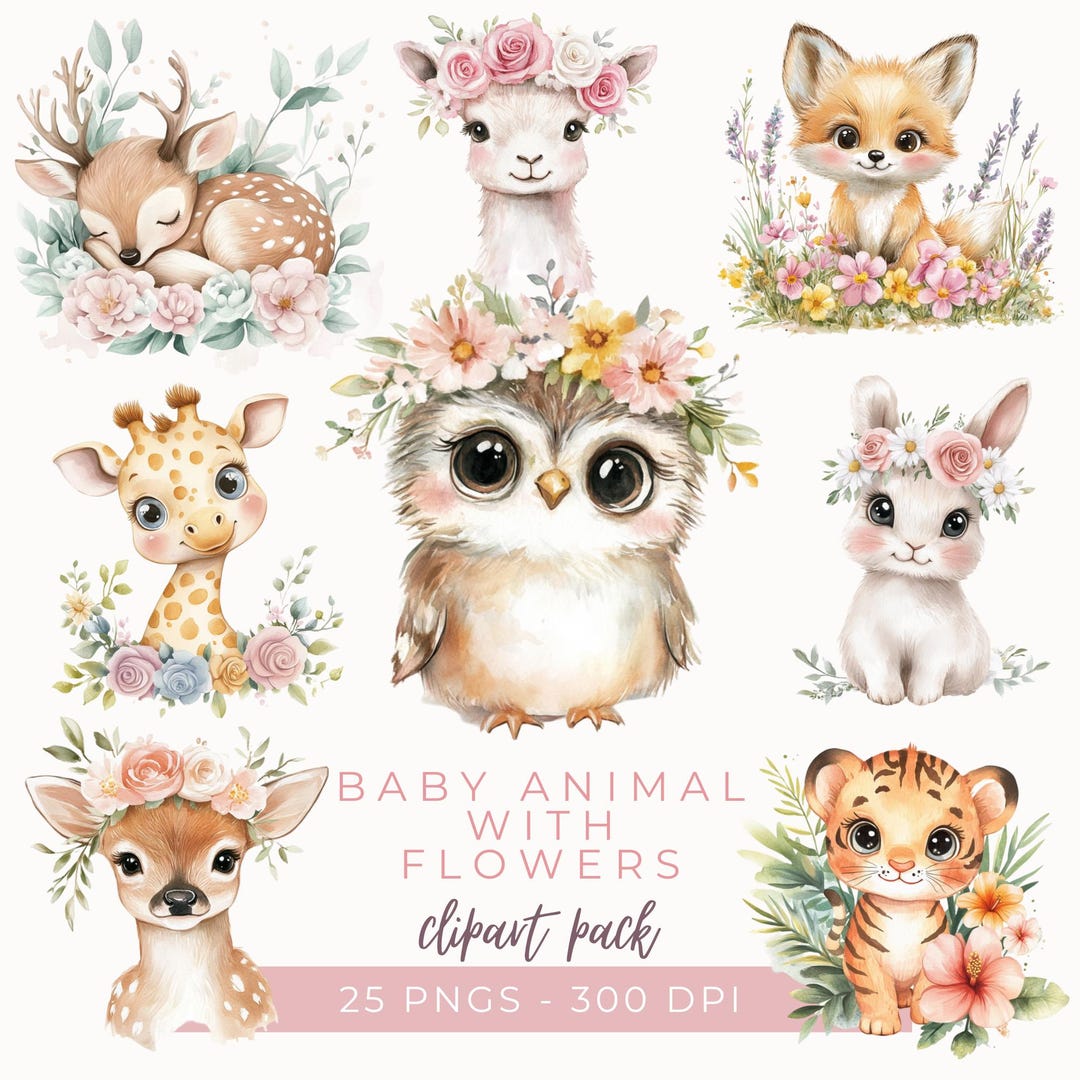 Watercolor Baby Animals Clipart: Floral Nursery Art (PNG, Instant ...