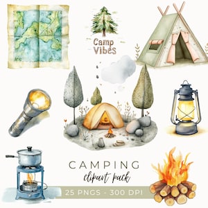 Camping Clipart, Camping PNG, Camper Art, Watercolor Camping, Tent Clipart, Adventure Mountain Art, Summer Camp Stickers, Instant Download