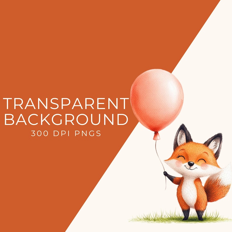 May include: A cute cartoon fox holding a pink balloon. The fox is orange with white accents and a fluffy tail. The background is a white and orange gradient.