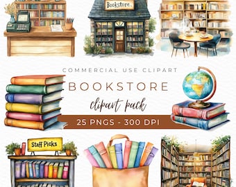 May include: A watercolor clipart pack of bookstore illustrations. The pack includes a bookstore storefront, a stack of books, a globe, a bookshelf, a bag of books, and a bookstore interior with a reading chair. The text "COMMERCIAL USE CLIPART BOOKSTORE clipart pack 25 PNGS - 300 DPI" is included in the image.