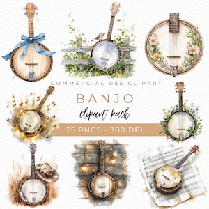 Clipart banjo, banjo vintage PNG, Clipart musique, illustration d'instrument de musique, graphiques de musique country, téléchargement immédiat