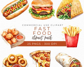 Fast Food Clipart, Aquarell PNG, Burger und Pommes Illustration, Junk Food Grafiken, Soda Art, Pizza Aufkleber Design, Sofort Download