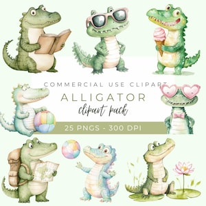 Alligator Clipart, süßes Krokodil PNG, Aquarell Reptil Kunst, Baby Alligator Illustration, Sumpf Clipart, Sofort Download