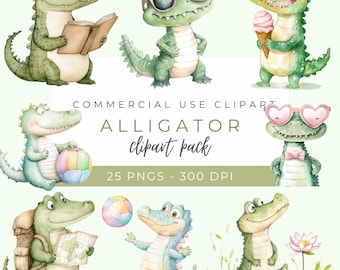 Alligator Clipart, Cute Alligator PNG, Watercolor Reptile Art, Baby Alligator Illustration, Swamp Clipart, Instant Download