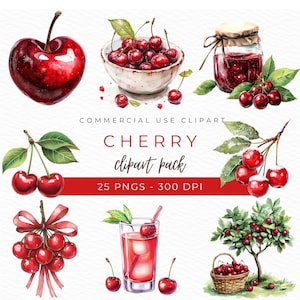 Cherry Clipart, Watercolor PNG, Cherry Printable Art, Cherry Sticker Graphics, Cherry Ribbon Design, Cherry Illustration, Instant Download