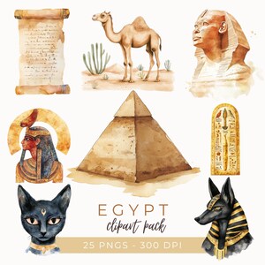 May include: Watercolor clipart set featuring Egyptian themes. Includes a camel, pyramid, sphinx, hieroglyphics, and a cat with a golden collar. The text "EGYPT clipart pack 25 PNGS - 300 DPI" is included.