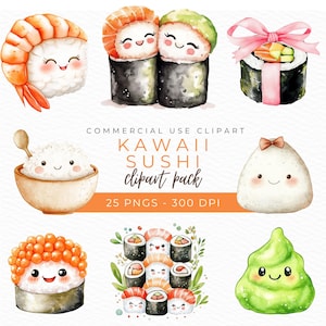 Könnte beinhalten: Ein Set mit 25 digitalen Clipart-Bildern mit niedlichen Cartoon-Sushi. Die Bilder sind im Aquarell-Stil gehalten und beinhalten verschiedene Sushi-Rollen, Reisbällchen und Wasabi. Die Bilder sind perfekt für die Verwendung in digitalem Scrapbooking, Kartenherstellung und anderen kreativen Projekten.
