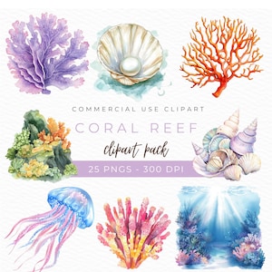 Coral Reef Clipart, Watercolor PNG, Ocean Life Illustration, Marine Theme Art, Sea Turtle Graphics, Underwater Decor, Instant Download