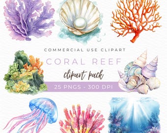 Coral Reef Watercolor Clipart: Ocean Life PNG Graphics (Instant Download)