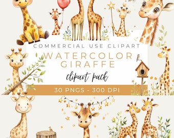 Watercolor Giraffe Clipart, Baby Giraffe Art, Safari Nursery Decor, Cute Animal Illustration, Jungle Animal PNG, Instant Download