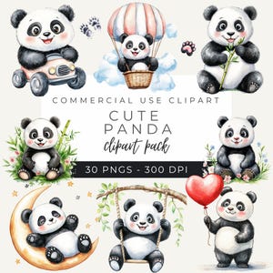 Cute Panda Clipart, Baby Panda Art, Kawaii Animal Illustration, Decoração de berçário, Aquarela Panda PNG, Download instantâneo