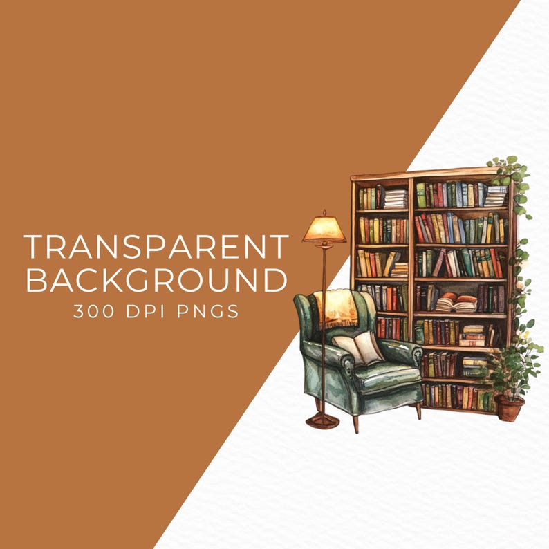 May include: A watercolor illustration of a cozy reading nook with a green armchair, a floor lamp, and a bookshelf filled with books. The bookshelf has a wooden frame and is filled with books of various sizes and colors. The armchair is upholstered in a green fabric and has a comfortable-looking seat. The floor lamp has a warm, inviting glow. The illustration is set against a white background.
