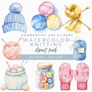Aquarelle tricot clipart, fil PNG, art au Crochet, illustration de fournitures de tricot, clipart couture, téléchargement immédiat