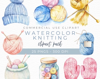 Watercolor Knitting Clipart, Yarn PNG, Crochet Art, Knitting Supplies Illustration, Needlework Clipart, Instant Download